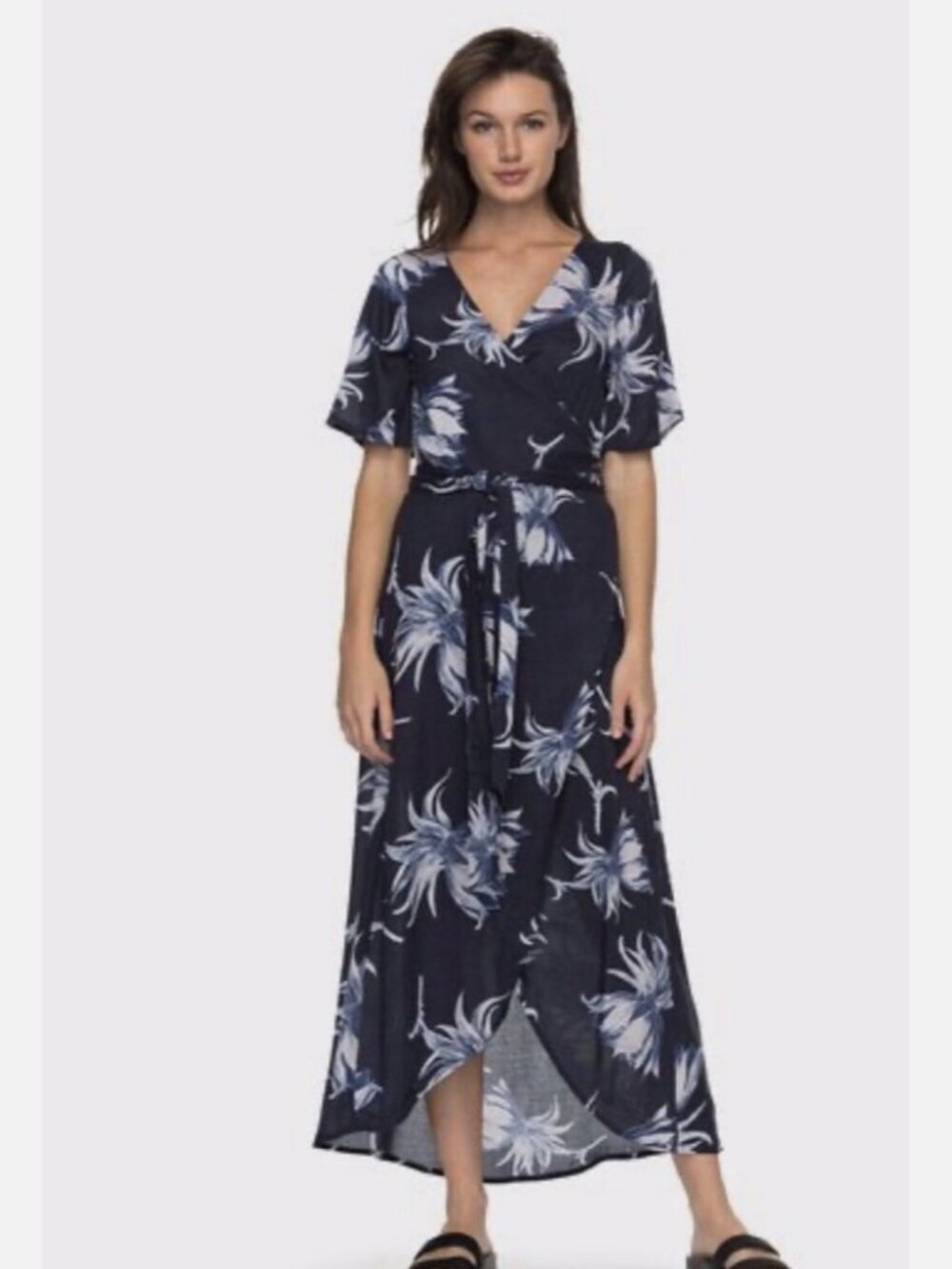Roxy Keep The Tempo Maxi Wrap Dress Black & White 100% Viscose Size S